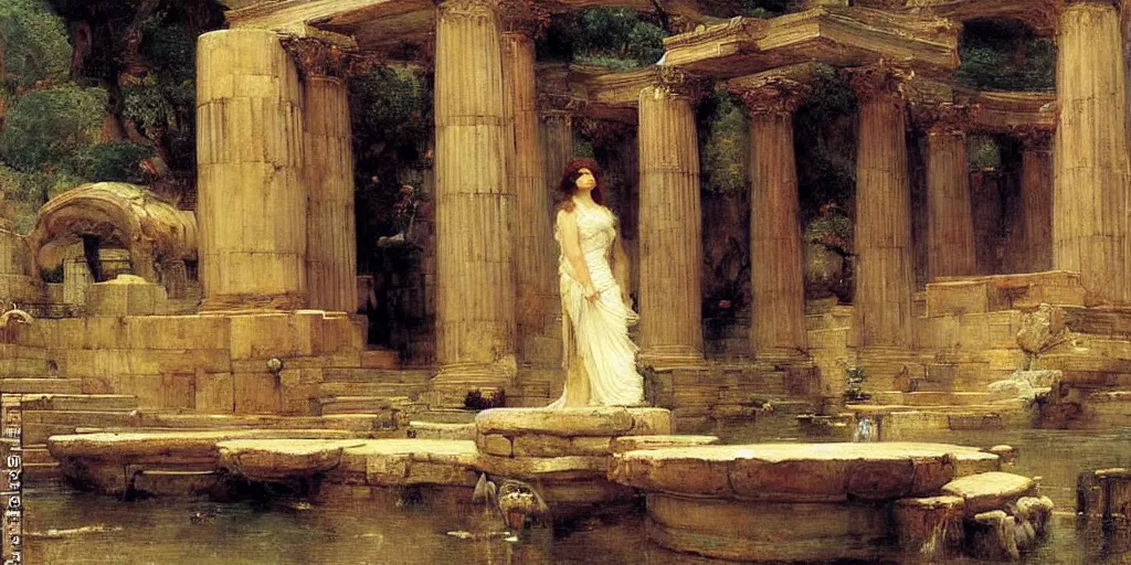 Prompt: The Oracle at Delphi by John William Waterhouse and Thomas Moran