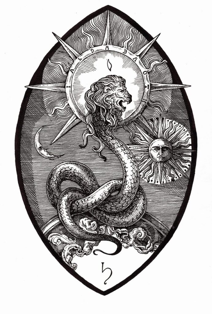 r/TheSaturnTimeCube - Depiction of the Yaldabaoth/Demiurge/Universe manager/creator as God. The 8-pointed star, and Saturn astrological glyph. The Sun and the Moon. The Lion and Serpent.